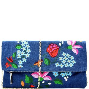 Flower Embroidery Fold-Over Clutch Denim with Chian Strap