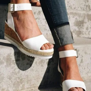 Buckle Strap Peep Toe Wedge Sandals - White