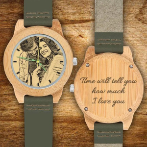 To My Husband - Custom Engraved Wooden Photo Watch Leather Strap 45mm