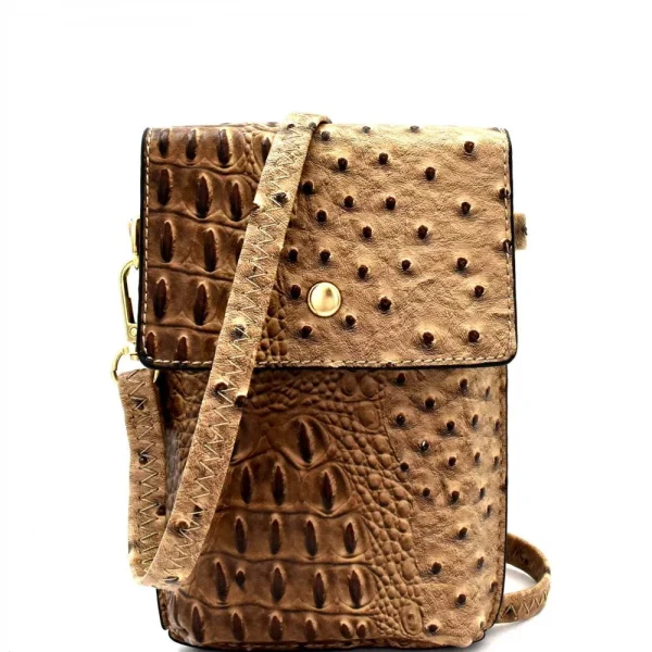 Ostrich Print Embossed Small Cellphone Cross Body Bag