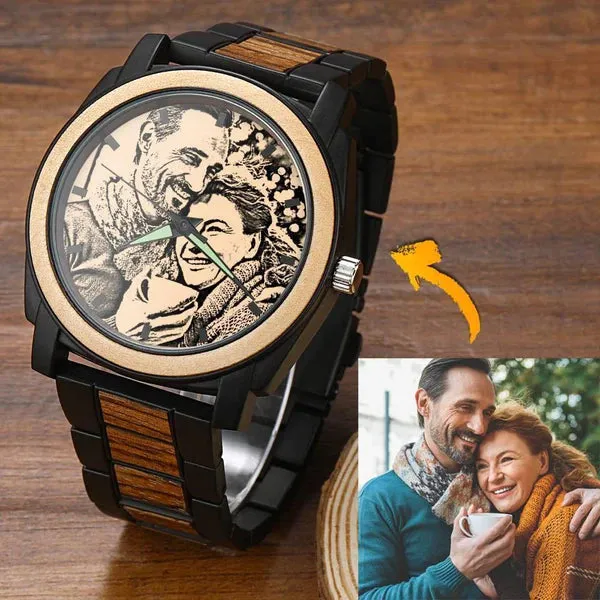 Men's Engraved Wooden Photo Watch Wooden Strap 45mm