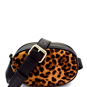 Leopard Print Pom Pom Accent Faux-fur Round Cross Body Bag