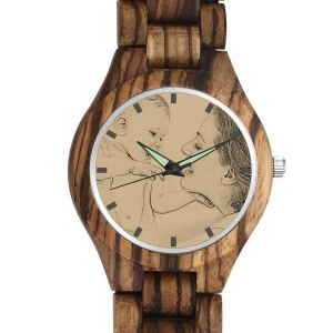 Men's Engraved Wooden Photo Watch Wooden Strap 45mm