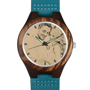 Men's Engraved Wooden Photo Watch All Black Ebony 45mm