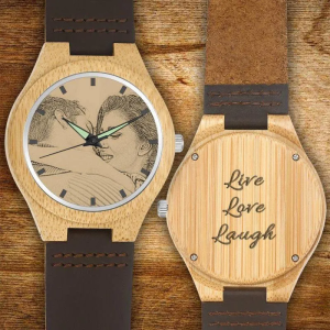 Women's Engraved Bamboo Photo Watch Grey Leather Strap 40mm