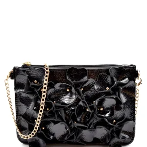 Studded Flower Accent Patent PU Leather Wristlet Cross Body Bag