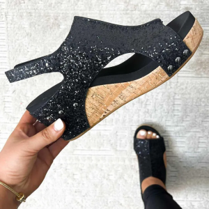 Glitter Peep Toe Wedge Sandals - Black