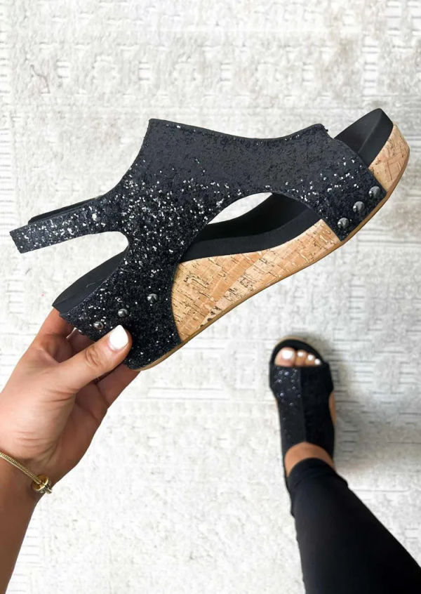 Glitter Peep Toe Wedge Sandals - Black