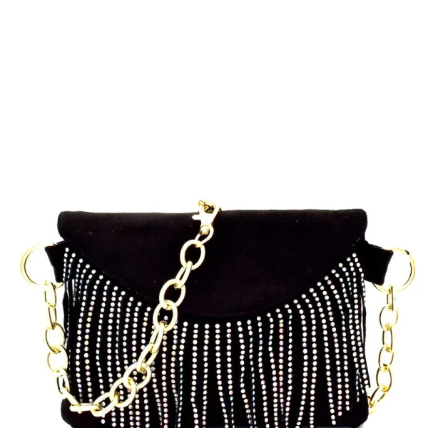 Rainbow Rhinestone Stud Fringed Hippie Fanny Pack Belt Bag Crossbody