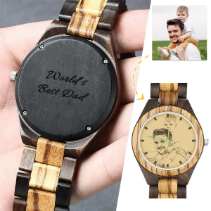 Men's Engraved Wooden Photo Watch Wooden Strap 45mm