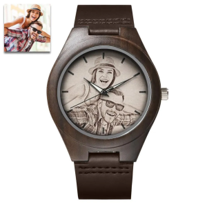 Men's Engraved Wooden Photo Watch Brown Leather Strap 45mm