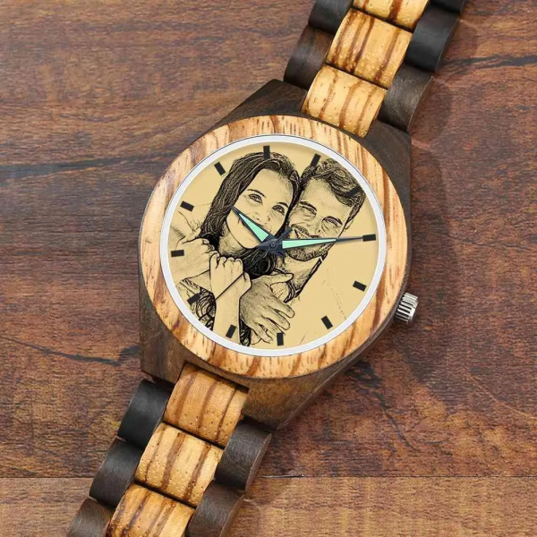 Custom Engraved Wooden Photo Watch Brown Cow Leather Strap