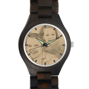 Women's Engraved Wooden Photo Watch Blue Leather Strap For Her