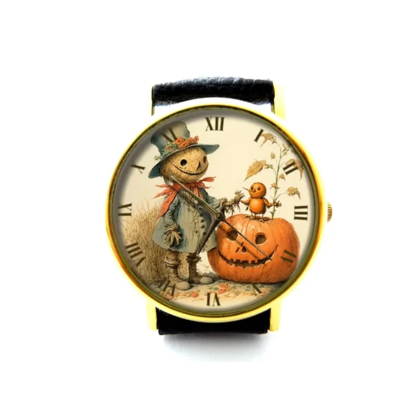 Scarecrow Pumpkin Leather Watch, Halloween Ladies Watch, Scarecrow Watch, Unisex Watch, Pumpkin Jewelry