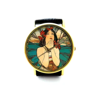 Alphonse Mucha, Alphonse Mucha Leather Watch, Art watch, Unisex Watch, Ladies Watch, Alphonse Mucha Jewelry, Pattern 8